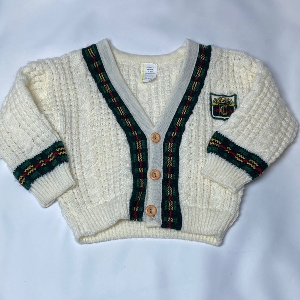 Vintage 90s Preppy Grandpa Cardigan Baby 12M Ivory Cable Knit Varsity Club Patch